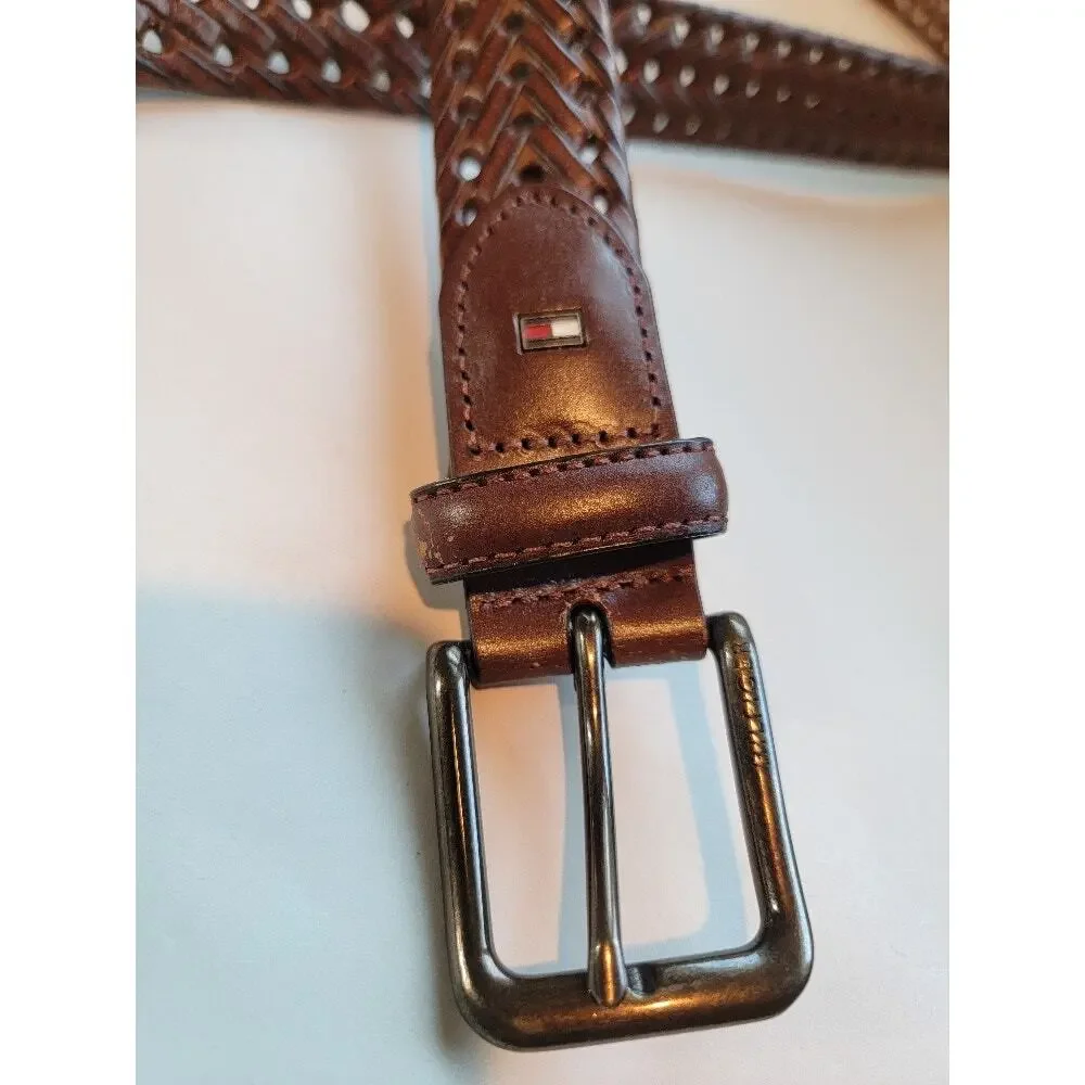 Tommy Hilfiger‎ Brown Braided Belt Sz 34 Men's Logo Preppy